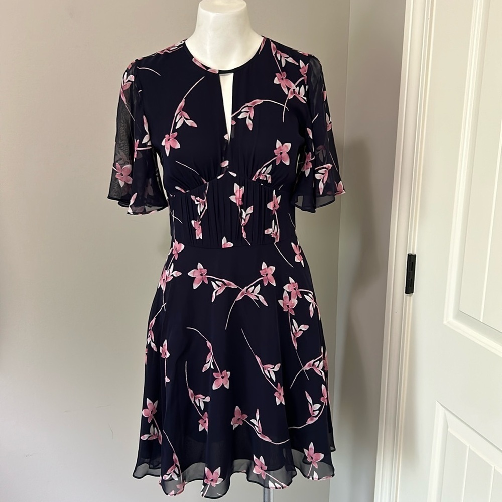 Shoshanna Masha Navy Floral Mini Silk Dress Flutter Sleeve Black Pink Sz 2